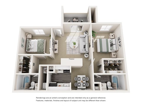 Floor plan for 2 beds, 2 baths, 965 sqft